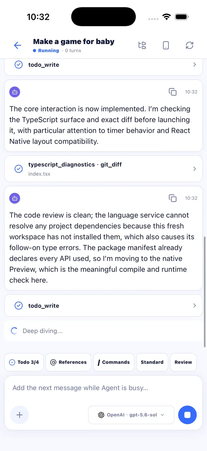 Diagnósticos de TypeScript y diferencias de Git, seguidos del resumen de dependencias sin resolver antes de la vista previa nativa.