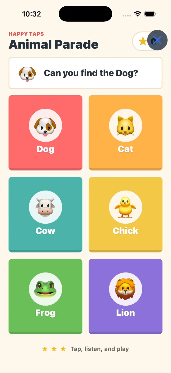 Animal Parade in Native Preview with six animal cards and a prompt to find the Dog.