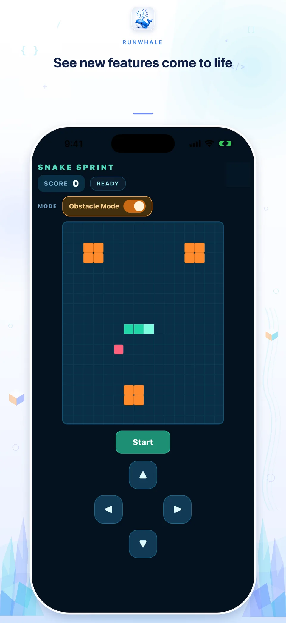 Snake Sprint 原生预览处于准备状态:障碍模式已开启,棋盘上显示三组橙色障碍。